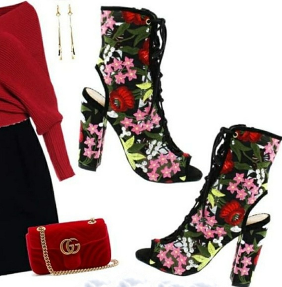 Liliana Shoes - Lace Mesh Embroidery Floral Peep Toe Booties